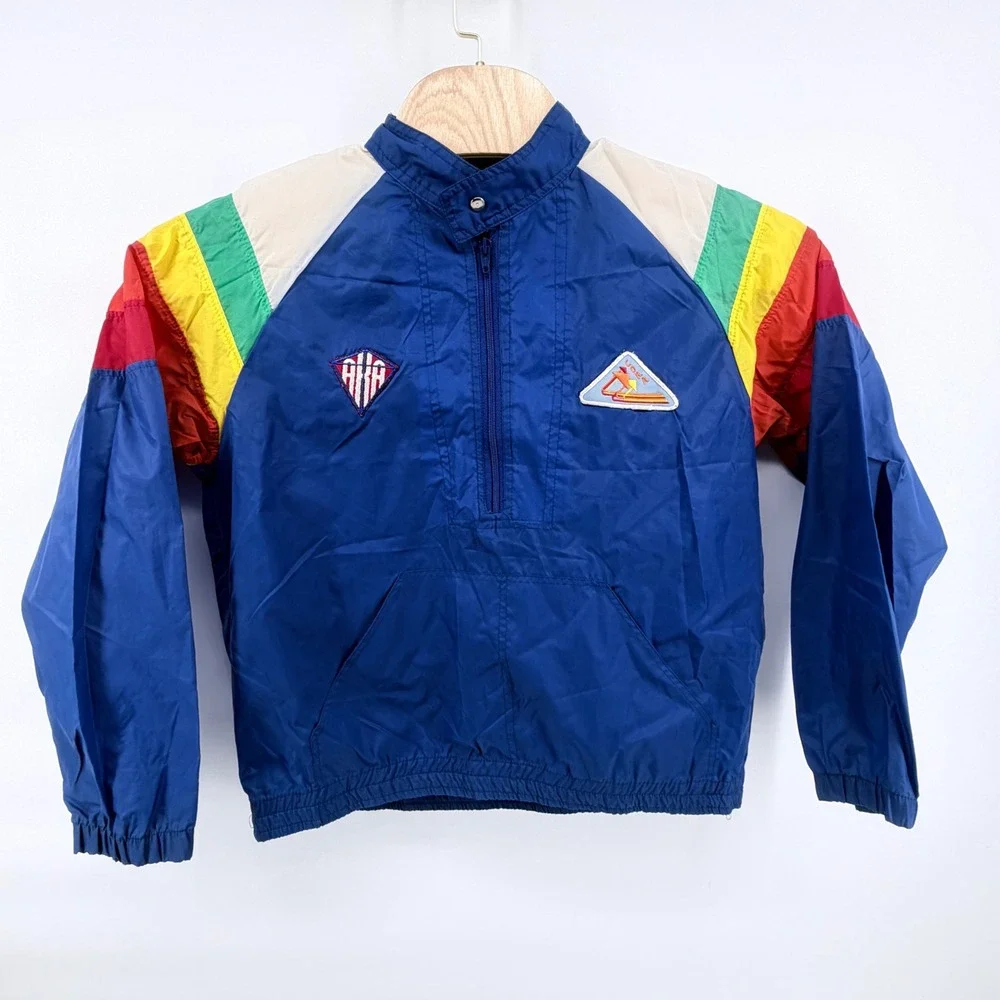 Vtg 80s Windriver Nylon Rainbow Colorblock Anorak Jacket Kitefliers Assc Patches